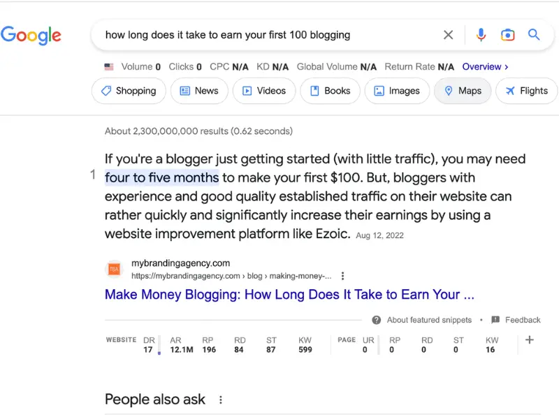 How long does it take to earn your first 100 blogging winning google featured snippet