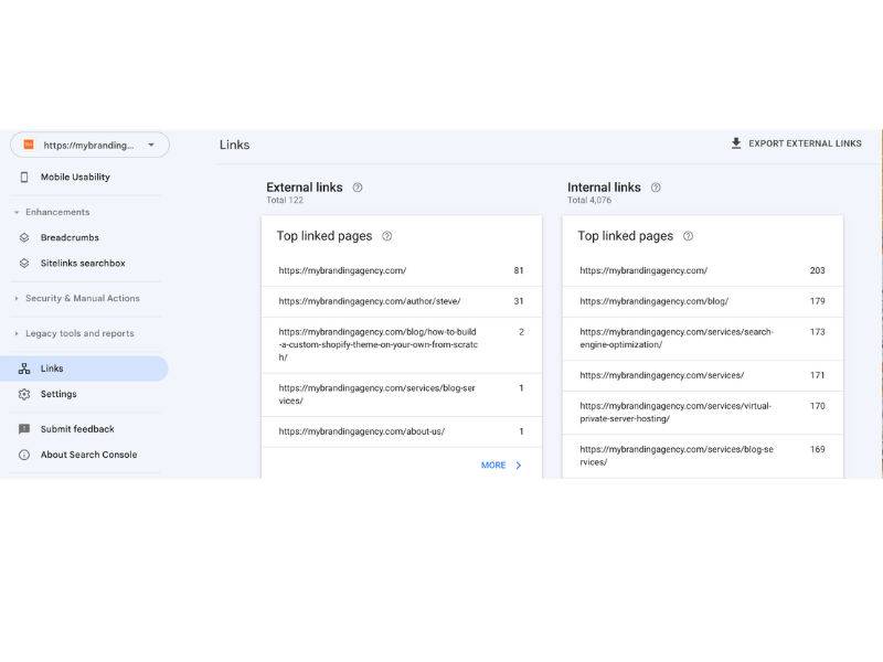 TBA Google Search Console Links overview