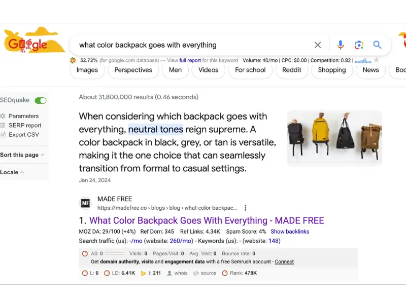 MadeFree Google Featured Snippet (what color backpack goes with everything)