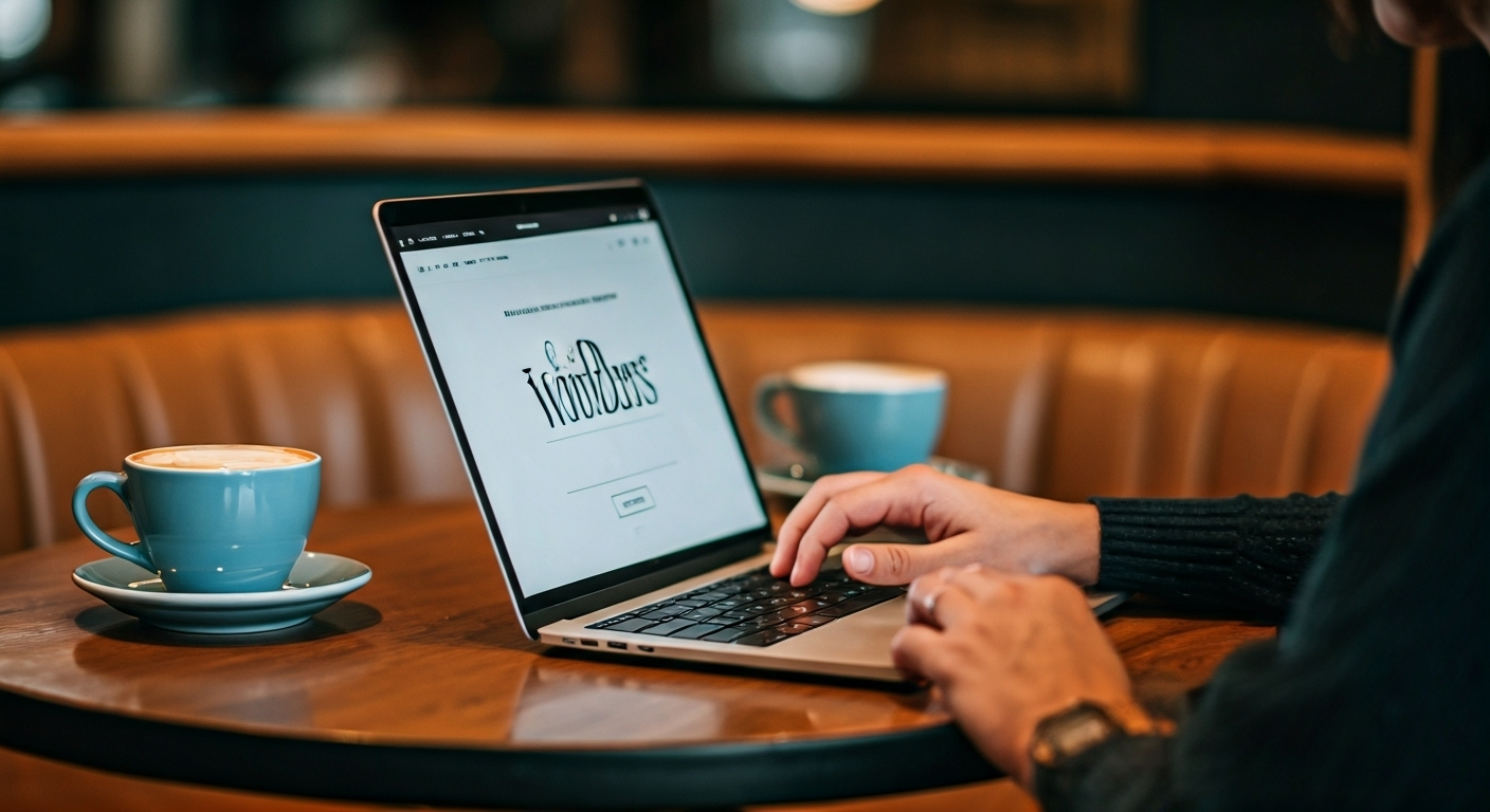 Person working on laptop in cafe