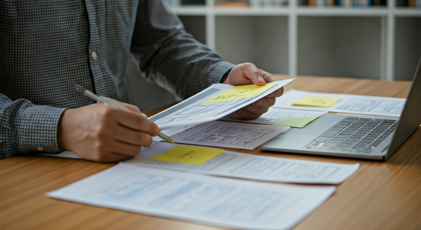 Designer reviews website layout notes